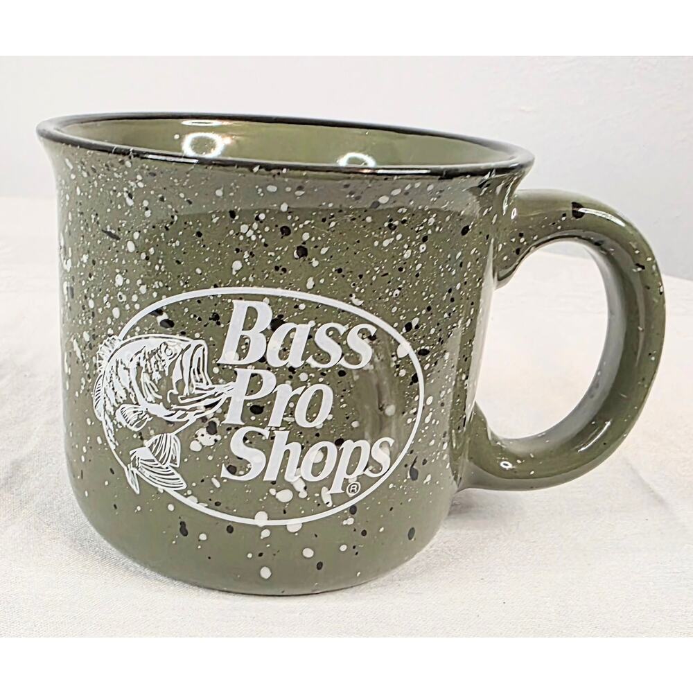 Bass Pro Shops 16 oz Ceramic Coffee Mug Green w/White Graphics Speckled Novelty